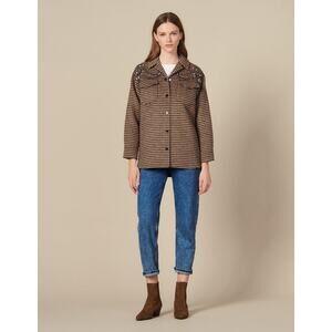 Sandro Paris Brown Wool-Blend Plaid Brodan Beaded Check Blazer Jacket Size 36